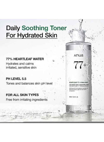 Anua Heartleaf 77 + Hayaluron oothing Toner I pH 5.5 Trouble Care, Calming Skin, Refreshing, Hydrating, Purifying, Cruelty Free, Vegan,(250ml / 8.45 fl.oz.)