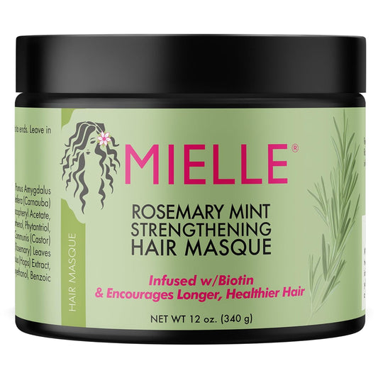 Mielle Organics Rosemary Mint Strengthening Hair Masque, Essential Oil & Biotin Deep Treatment, Miracle Repair for Dry, Damaged, & Frizzy Hair, 12 Ounces.